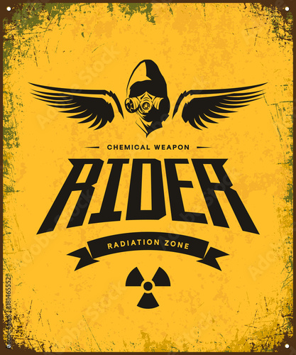 Vintage toxic rider in gas mask vector logo isolated on yellow background.
Premium quality radiation zone logotype t-shirt emblem illustration. Street wear superior warrior retro tee print design.