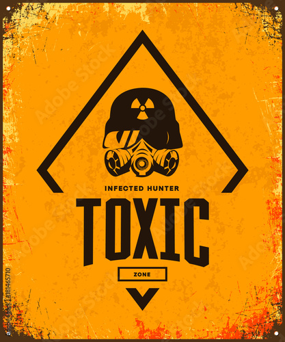 Rider in helmet and gas mask vector logo isolated on light vintage background.
Premium quality toxic zone logotype t-shirt emblem illustration. Street wear superior warrior retro tee print design.