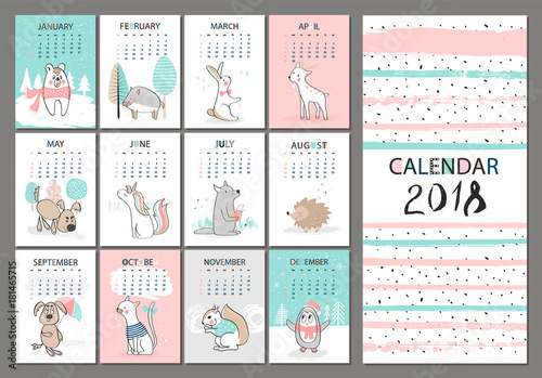 Monthly creative calendar 2018 with cute animals. Concept  vector vertical editable template