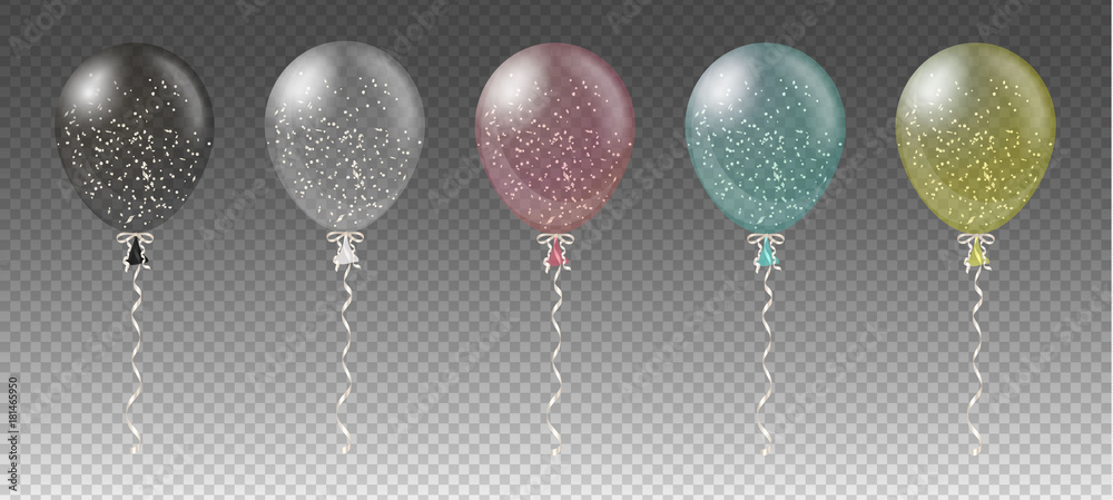 Celebration background template with colorful balloons, confetti and ribbons on transparent background. Vector illustration. - obrazy, fototapety, plakaty 