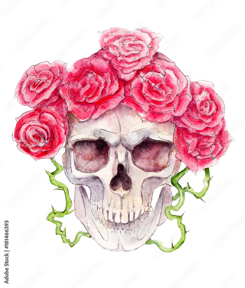 Skull with roses, Halloween watercolor illustration, isolated objects on white background. Skull with roses, Halloween watercolor illustration, isolated objects on white background.