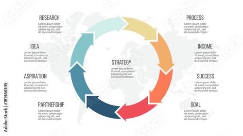 Business infographics. Pie chart with 8 arrows. Vector template.