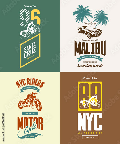 Vintage New York bikers club vector t-shirt logo isolated set.
Premium quality Santa Cruz motorcycle logotype tee-shirt emblem illustration. Malibu roadster car street wear retro tee print design.