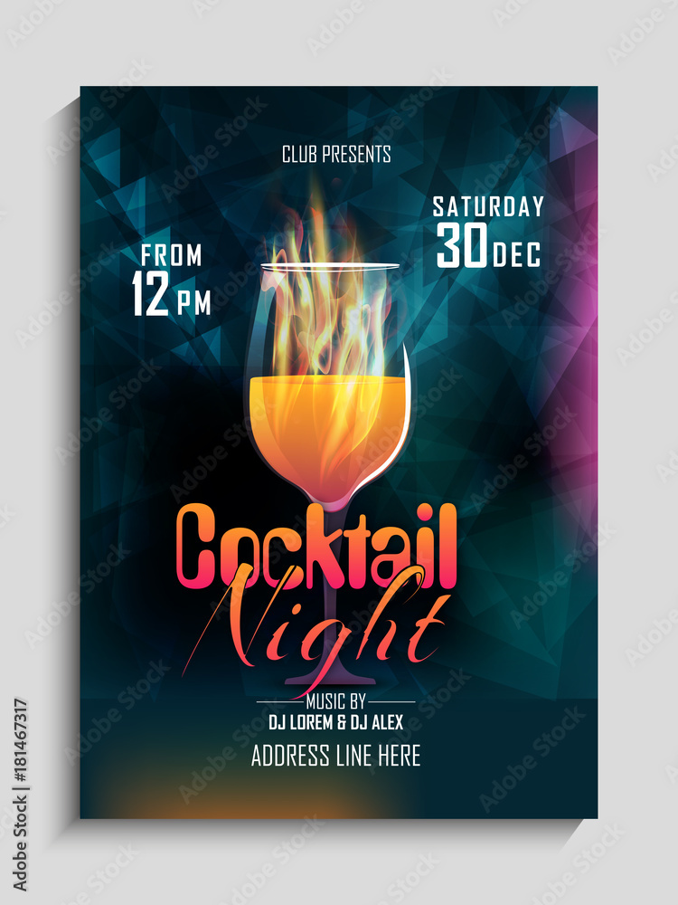 Cocktail night party flyer or banner design. - obrazy, fototapety, plakaty 