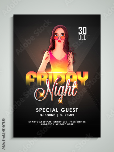 Friday night party flyer or banner design with illustration of a young attractive girl.
