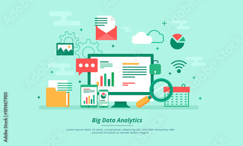 Big data, machine alogorithms, analytics concept saftey and security concept. Fin-tech (financial technology) background. flat illustration style.