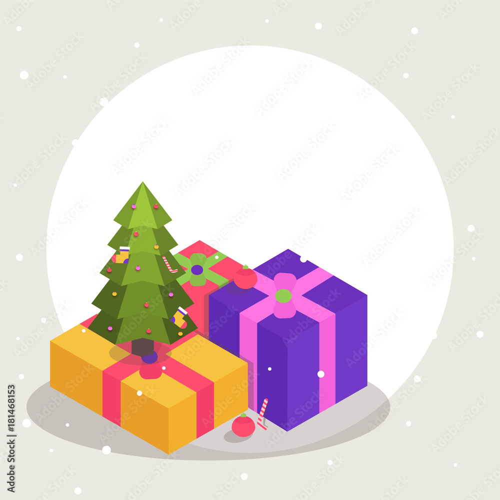 Merry Christmas celebrations concept with stylisj Xmas tree, and colorful gift boxes.