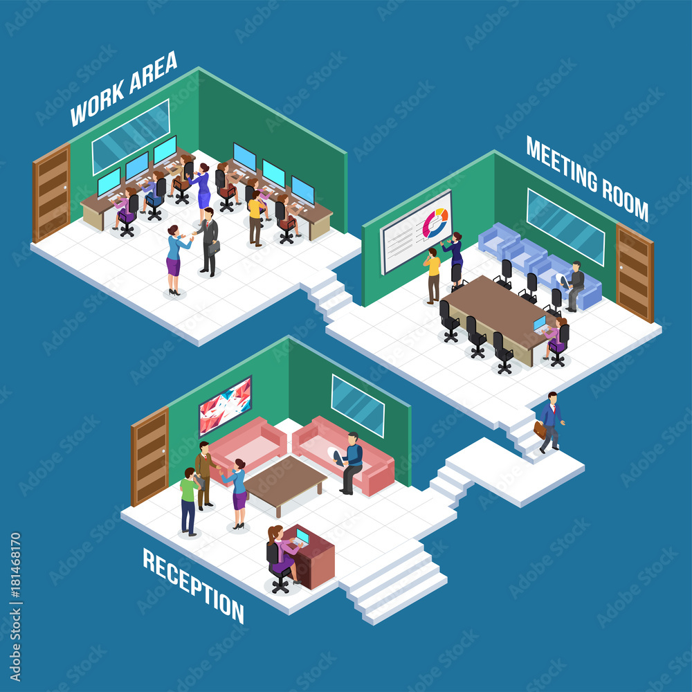 Isometric view of a work place, business people colabration at different work rooms like reception, meeting room and work area. business concept.
