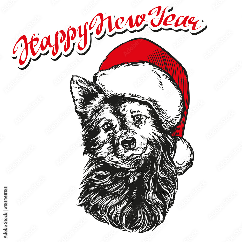 Dog in Santa stocking hat, Santa Claus, Christmas symbol hand drawn vector illustration realistic sketch. Dog in Santa stocking hat, Santa Claus, Christmas symbol hand drawn vector illustration realistic sketch.