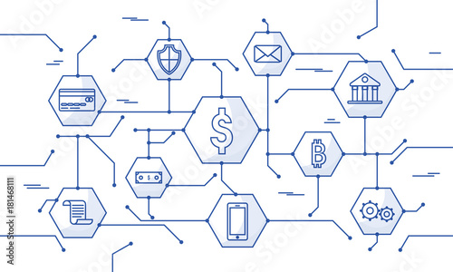 Internet money, secure payment transaction, payment mechanism. Fintech (financial technology) background. Blue flat style illustration.
