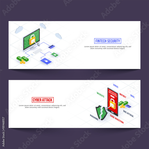 Fin-tech (finance technology) website banners for cyber security, and cyber attacks.