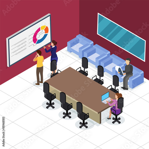 Isometric view of a work place, business people colabration at meeting room. business concept.