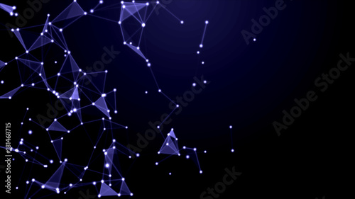 Dark blue background with glowing particles and triangles