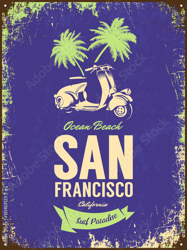 Vintage moped bikers club vector t-shirt logo isolated on dark background. San Francisco, California street wear retro tee print design.