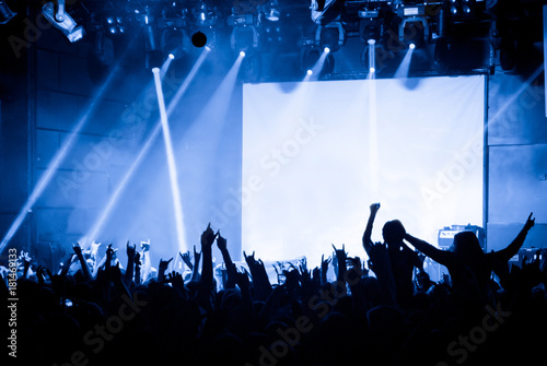 Cheering crowd at concert on the background of stage with a blank white screen