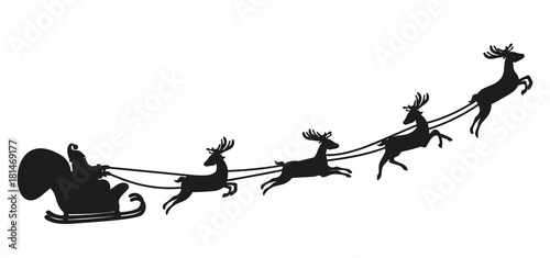 Santa Claus flying with deer. Silhouette