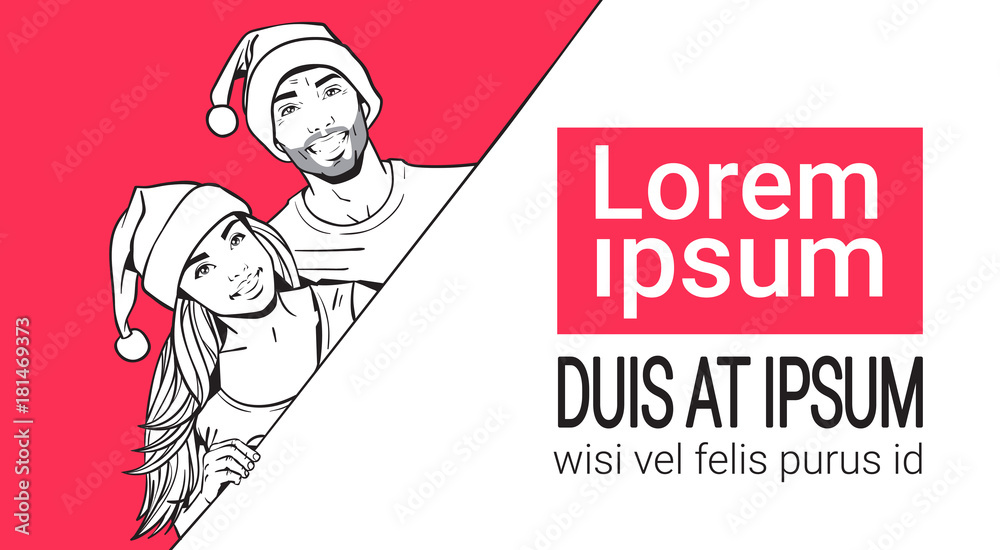 Banner With Copy Space Hand Drawn Sketch Man And Woman Wearing Santa Hats Winter Holidays Concept Vector Illustration Banner With Copy Space Hand Drawn Sketch Man And Woman Wearing Santa Hats Winter Holidays Concept Vector Illustration