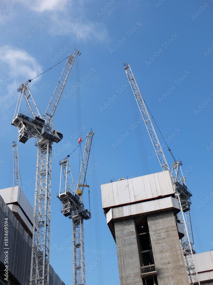construction cranes working in a large development site with concrete large structure