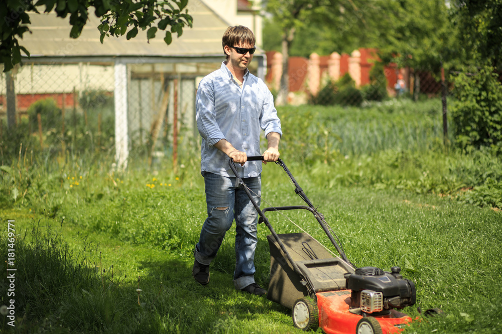Fototapeta premium Young man in jeans and shirt mows the grass on the lawn in the village.