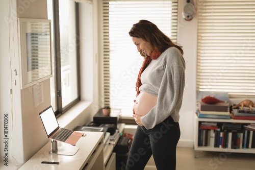 Pregnant woman using laptop in drawing room photo
