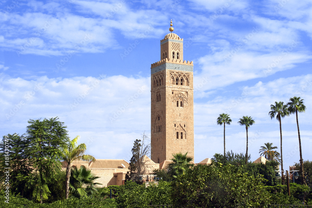 Fototapeta premium Famous Moroccan Koutoubia Mosque minaret, Marrakech, Morocco