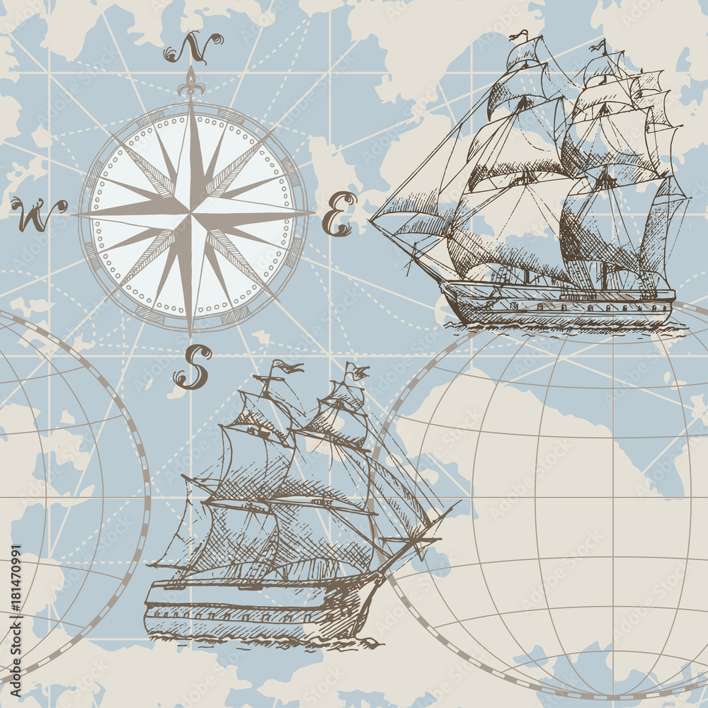 Hand drawn vector seamless sea map with compass and sailing ship. Perfect  for textiles, wallpaper and prints. Stock Vector | Adobe Stock