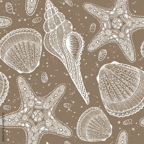 Marine vector hand drawn pattern with sea shells and stars. Highly detailed. Perfect for textiles, wallpaper and prints.