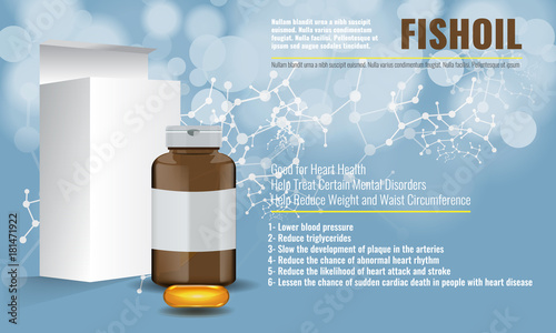 Cute Fish oil ads layout design template with chemical background.