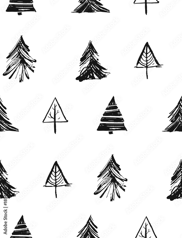Obraz premium Hand drawn vector Merry Christmas rough freehand graphic design elements seamless pattern with ink scandinavian Christmas trees and branches isolated on white background