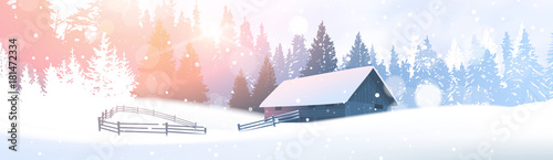 Day In Winter Forest Country House Over Fir Woods Horizontal Banner Flat Vector Illustration