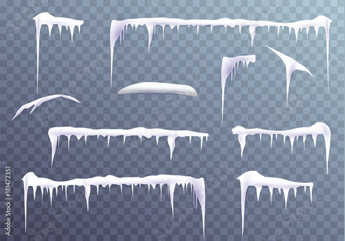 Snow icicles isolated on transparent background. Vector template for your design.