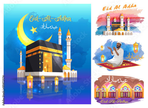 Eid Al Adha Posters with Mosques, Praying Muslim