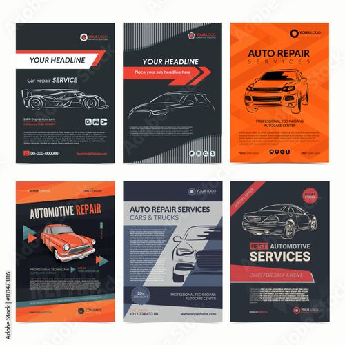 Auto repair Services business layout templates set, automobile magazine cover, auto repair shop brochure, mockup flyer. Vector illustration.