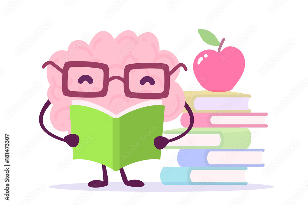 Enjoyable education brain cartoon concept. Vector illustration of pink color  happy brain with glasses reading a book on white background with pile of  books and a red apple. Stock Vector | Adobe