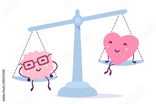 Vector illustration of pink color human brain with glasses and heart sit on the scales on white background. The brain outweighs the heart concept.