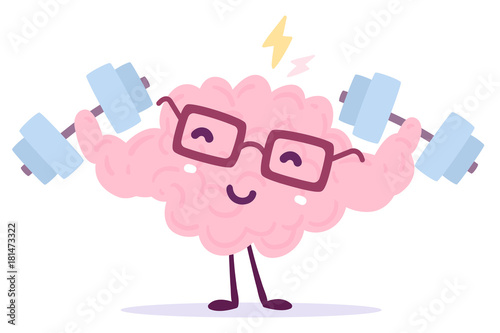 Vector illustration of pink color smile brain with glasses easy lifts dumbbells on white background with lightning. Very strong cartoon brain concept.