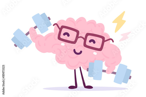 Vector illustration of pink color smile brain with glasses easy dumbbell swing on white background. Very strong cartoon brain concept. Doodle style.