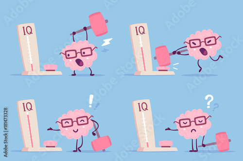 Different degree of impact with a hammer. Vector set of illustration of pink color human brain with glasses and measure level iq on blue background.