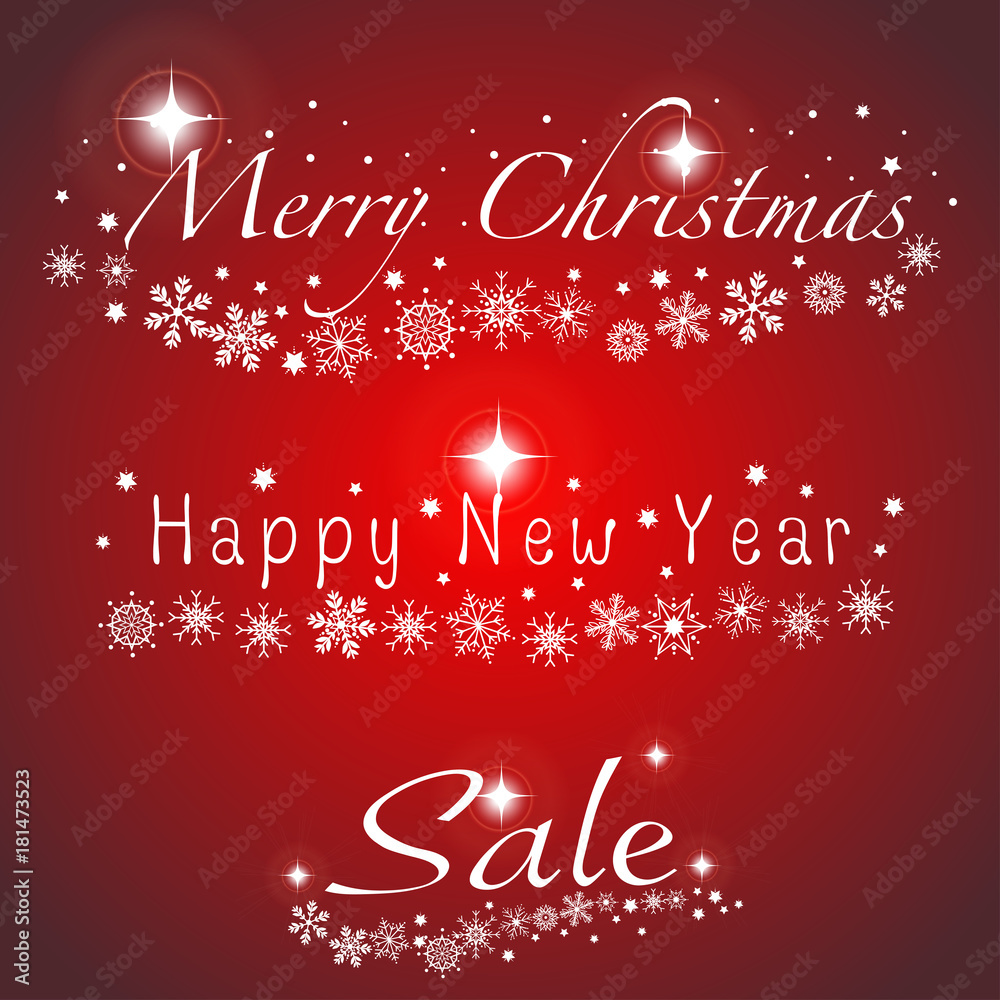 Vector and illustration of Merry Chrismas, Happy New Year, and Sale word decorated with snowflake, shiny star and snowfall on Christmas red color background, for Christmas and new year elements