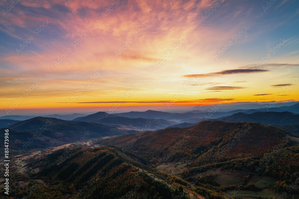 Autumn sunrise in the Mountains. Aerial view