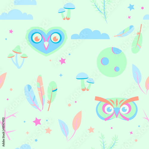 Seamless pajama pattern in pastel colors with owls