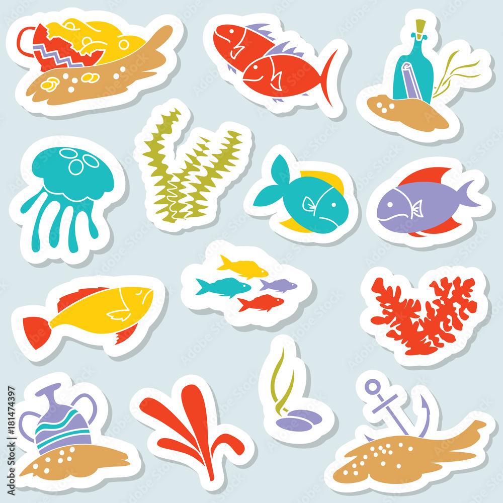 Sticker set with underwater hidden treasures