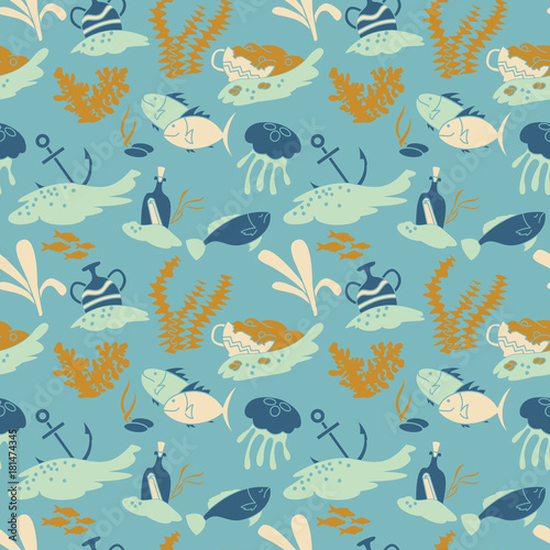 Vector wallpaper with fishers  jellyfishes and old vases with gold.