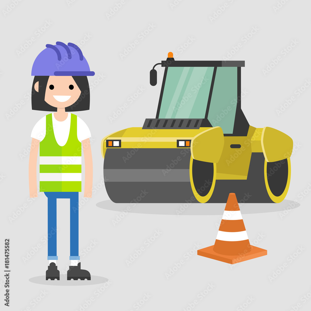 Young female engineer wearing a hard hat and a reflecting vest. Asphalt paving works. Industrial illustration. Yellow steamroller and orange cone. Flat vector illustration, clip art. Young female engineer wearing a hard hat and a reflecting vest. Asphalt paving works. Industrial illustration. Yellow steamroller and orange cone. Flat vector illustration, clip art.