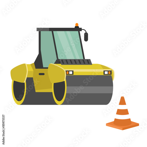 Asphalt paver. Yellow machine and orange cone. Construction work. Road works. Flat editable vector illustration, clip art. Vector cartoon. No people. Industry.