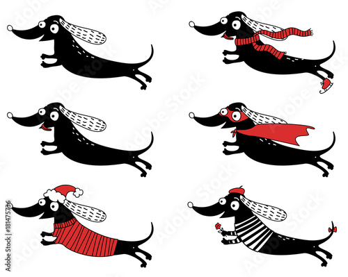 a set of drawings with dog dachshunds in different suits for your design. 2018 is the year of the dog. Isolated objects, vector illustration