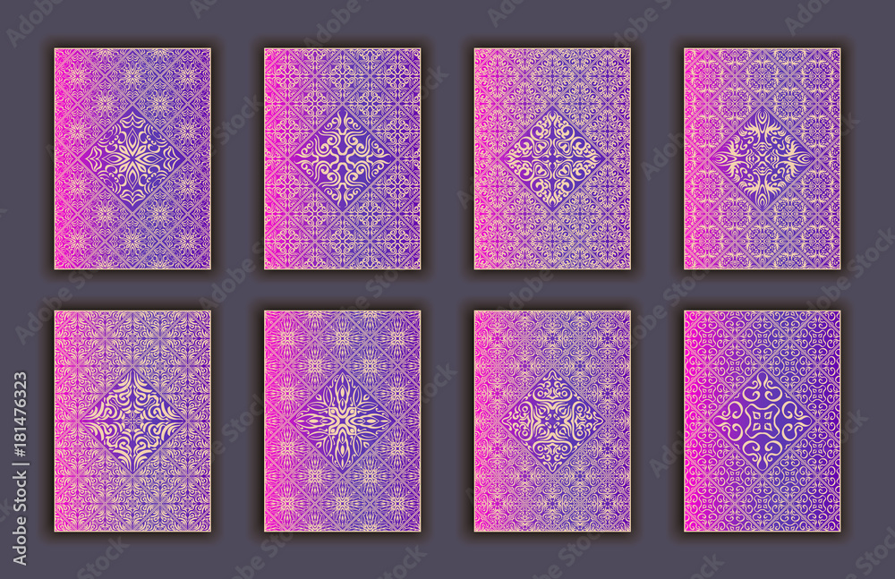 Card set with mosaic lace decorative elements background. Asian Indian oriental ornate banners.