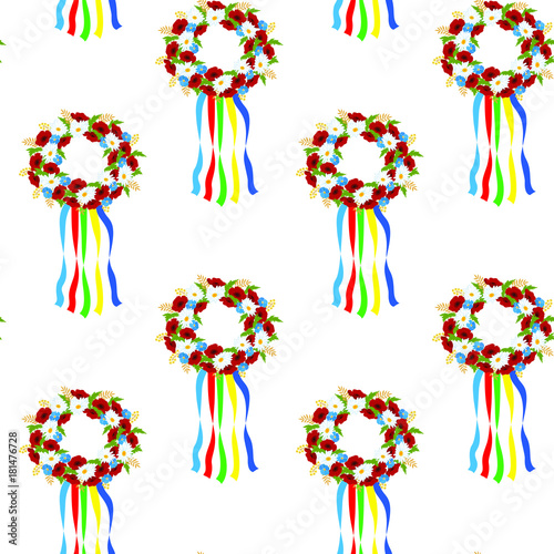 Seamless pattern with a Ukrainian wreath of wild flowers with bright ribbons