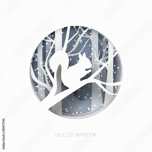 Hello winter 3d abstract paper cut illustration of snow squirrel in the forest. Vector template