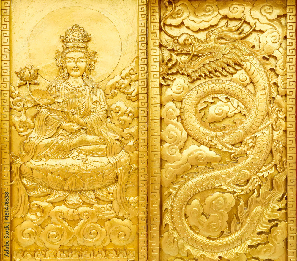 craft of golden Guan Yin and dragon
